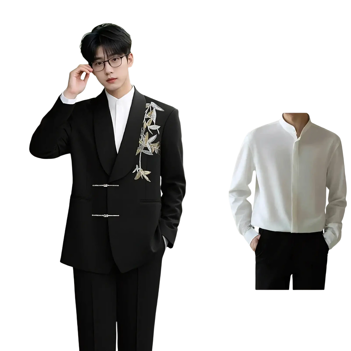 Black blazer with gold leaf embroidery and silver toggle closures for a chinese style gold leaf groom wedding suit
