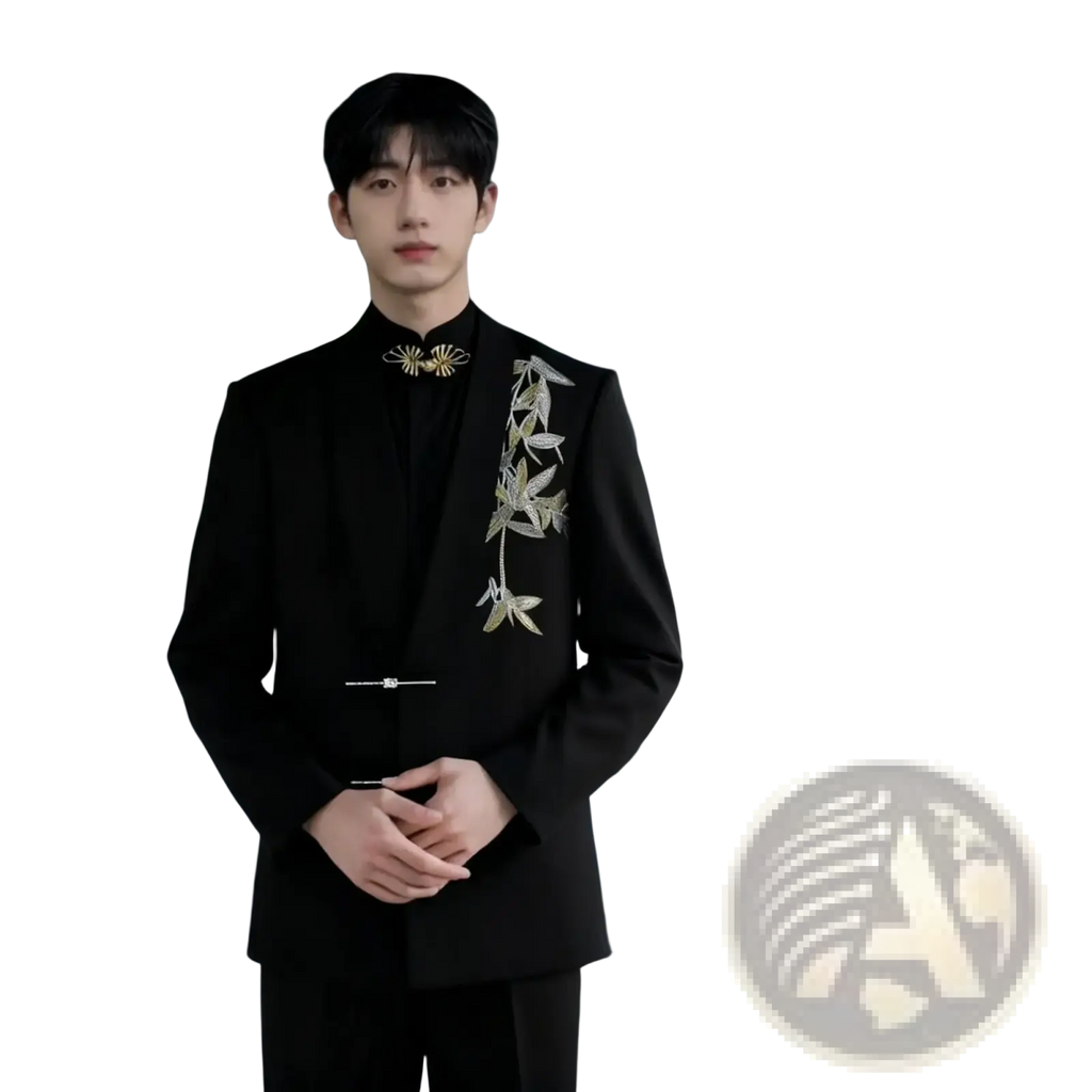 Black embroidered buttoned groom wedding suit with gold leaf and bamboo embroidery details in chinese style