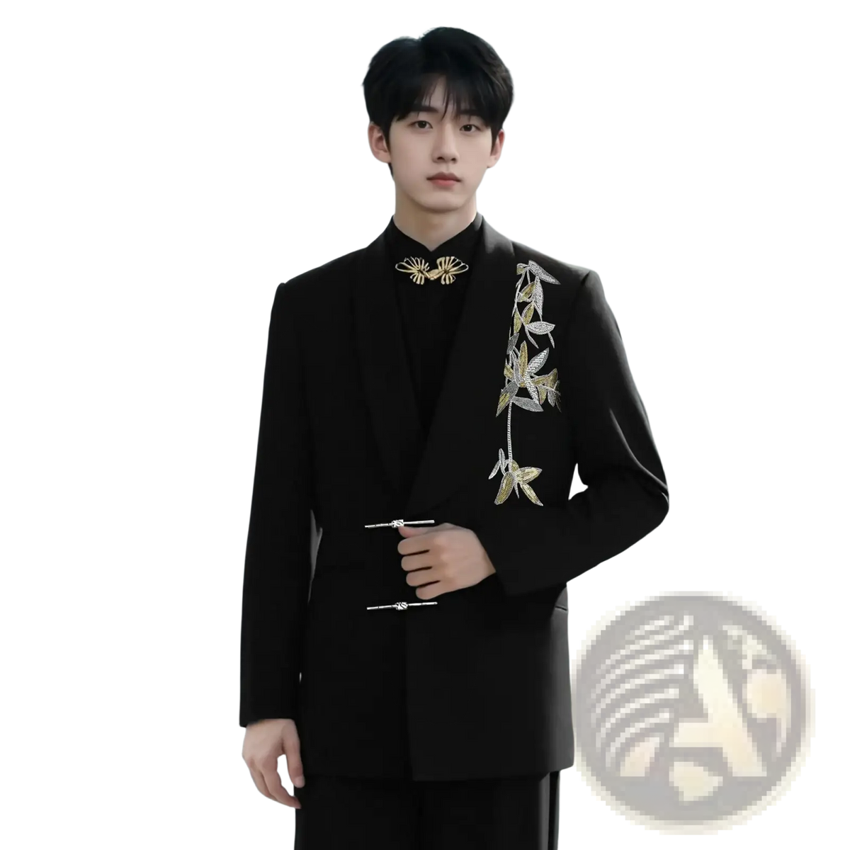 Black formal jacket with gold leaf embroidery and decorative frog closures for Chinese style groom wedding suit