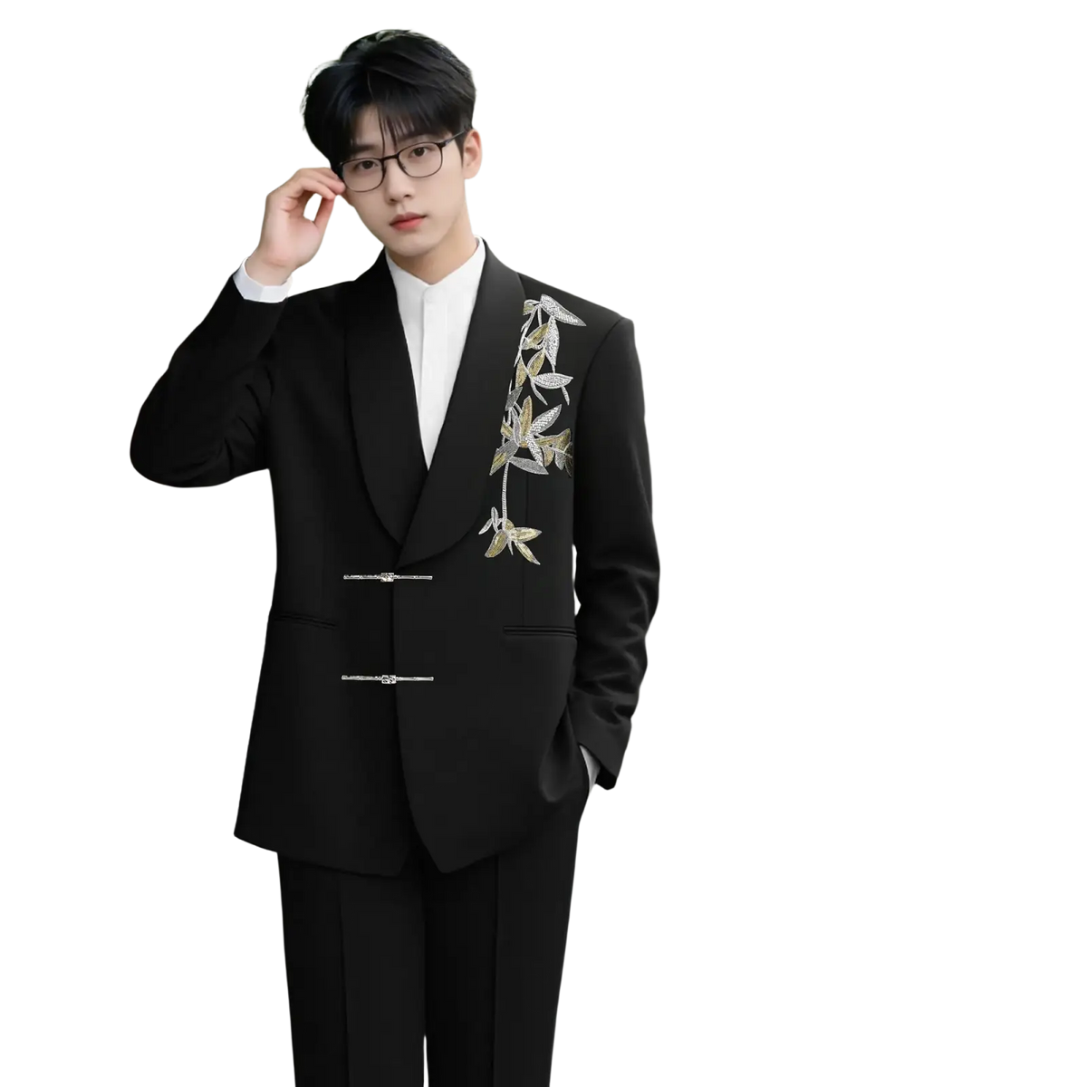 Black tailored groom wedding suit jacket with gold and silver leaf embroidery and traditional Chinese frog closures