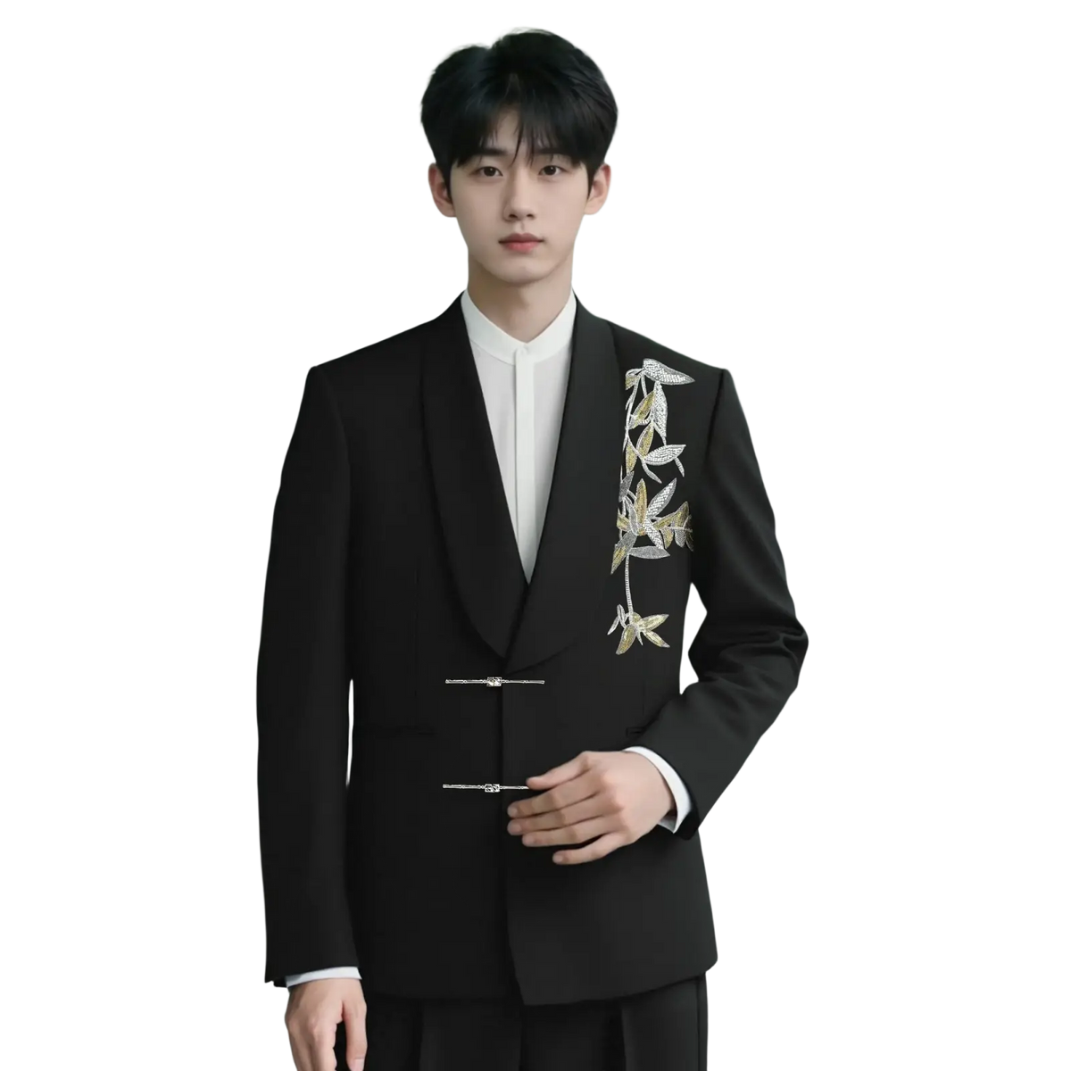 Black tailored suit jacket with gold and silver leaf embroidery on the lapel for chinese style gold leaf groom wedding suit