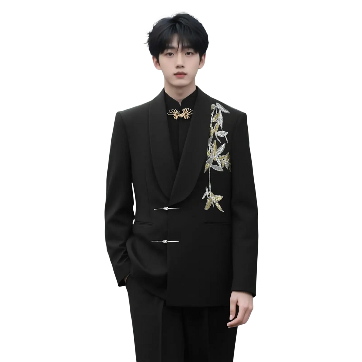 Black tailored suit jacket with gold leaf embroidery and matching gold spider brooch for groom wedding suit chinese style