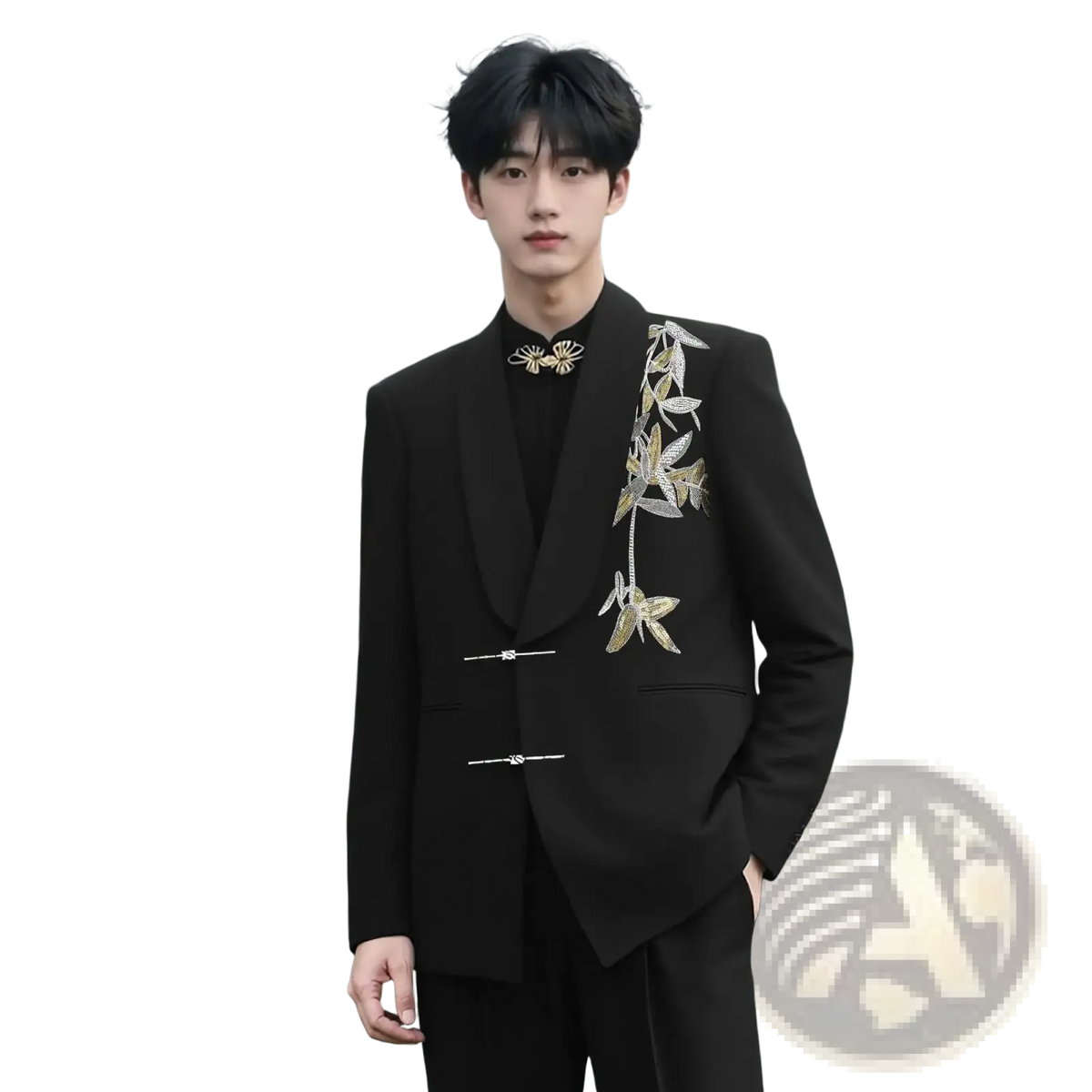 Black tailored suit jacket with intricate gold and silver leaf embroidery on lapel and front closure for groom wedding