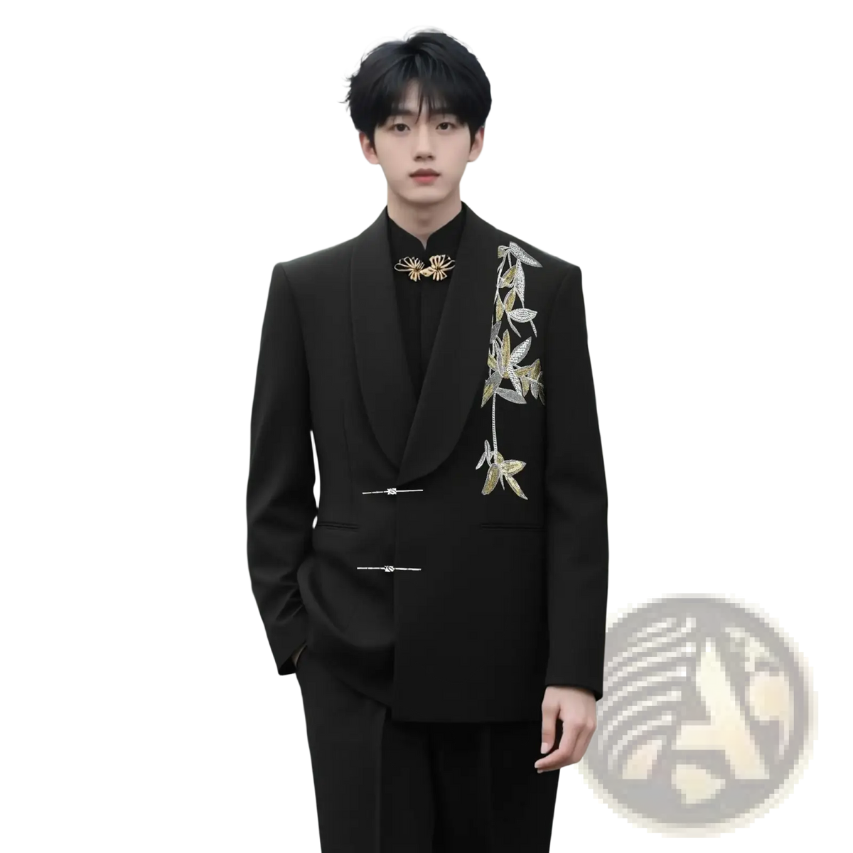 Black tailored suit jacket with gold leaf embroidery and matching gold spider brooch for groom wedding suit chinese style