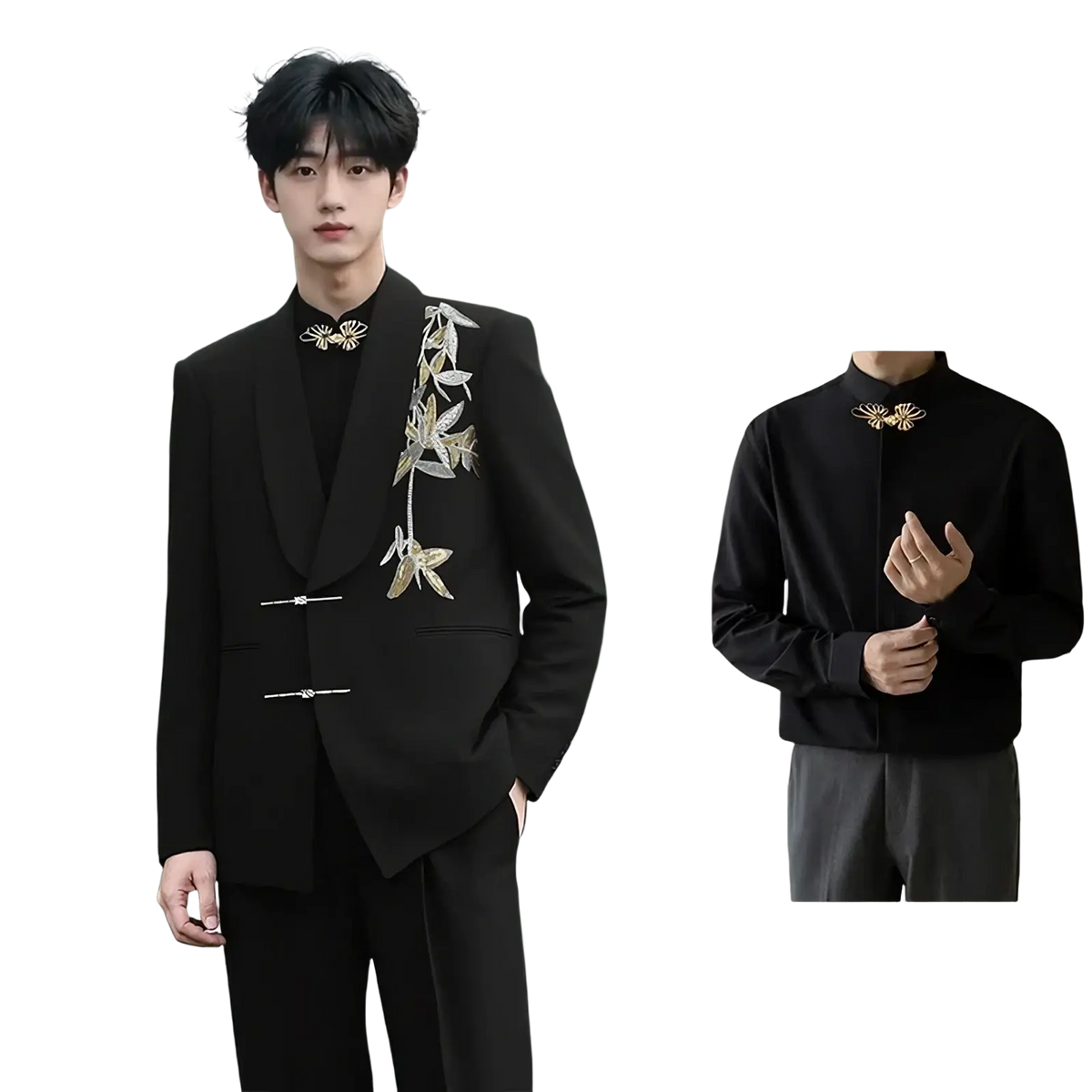 Black Chinese style gold leaf groom wedding suit three-piece set with intricate gold bamboo and insect embroidery