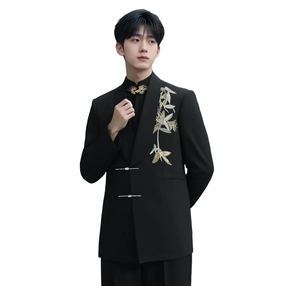 Black Chinese style groom wedding suit with gold leaf embroidery and decorative buttons in traditional design
