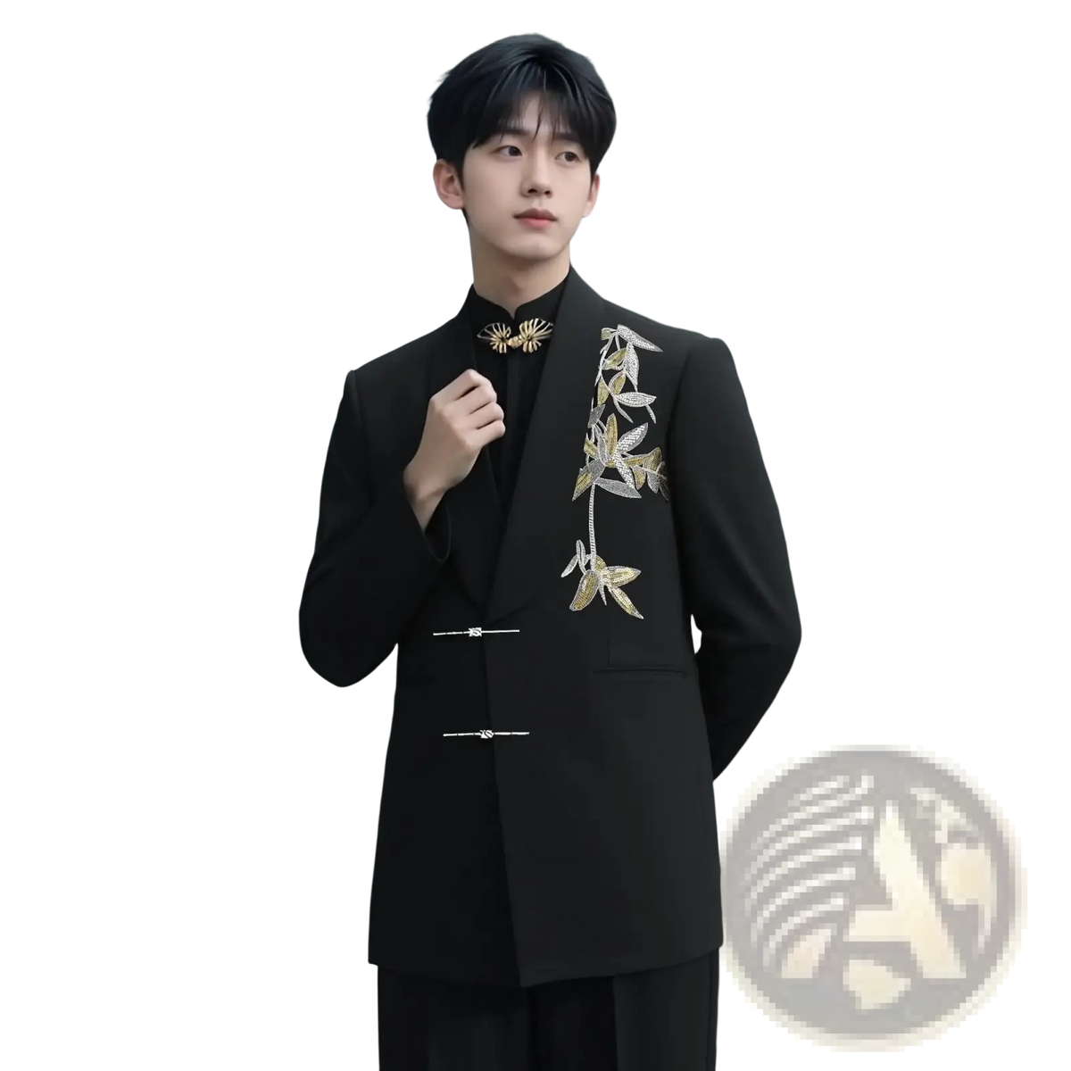 Black Chinese style groom wedding suit with gold leaf embroidery and decorative buttons in traditional design