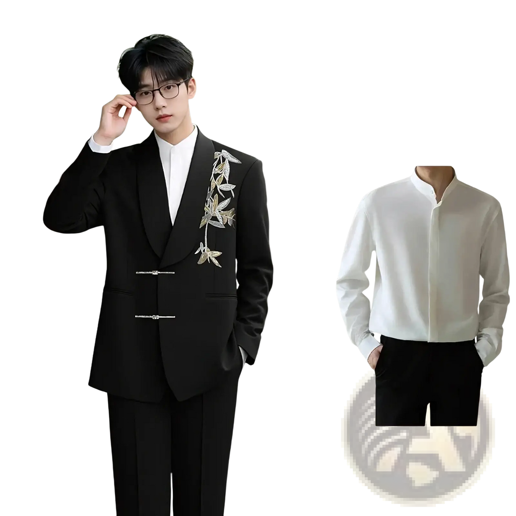 Black blazer with gold leaf embroidery and silver toggle closures for a chinese style gold leaf groom wedding suit