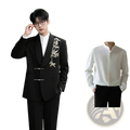 Black blazer with gold leaf embroidery and silver toggle closures for a chinese style gold leaf groom wedding suit