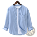 Light blue Chinese style linen mandarin collar shirt for men with long sleeves and rolled cuffs