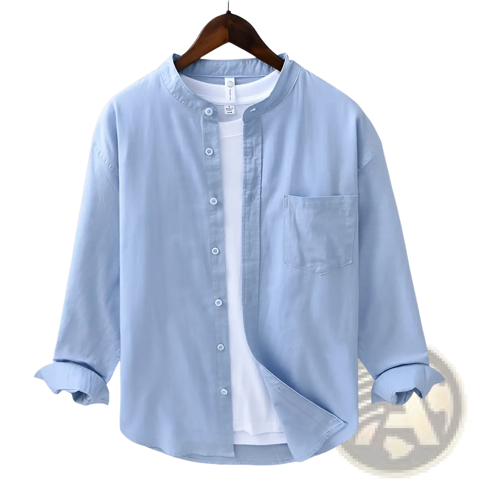 Light blue Chinese style linen mandarin collar shirt for men with long sleeves and rolled cuffs