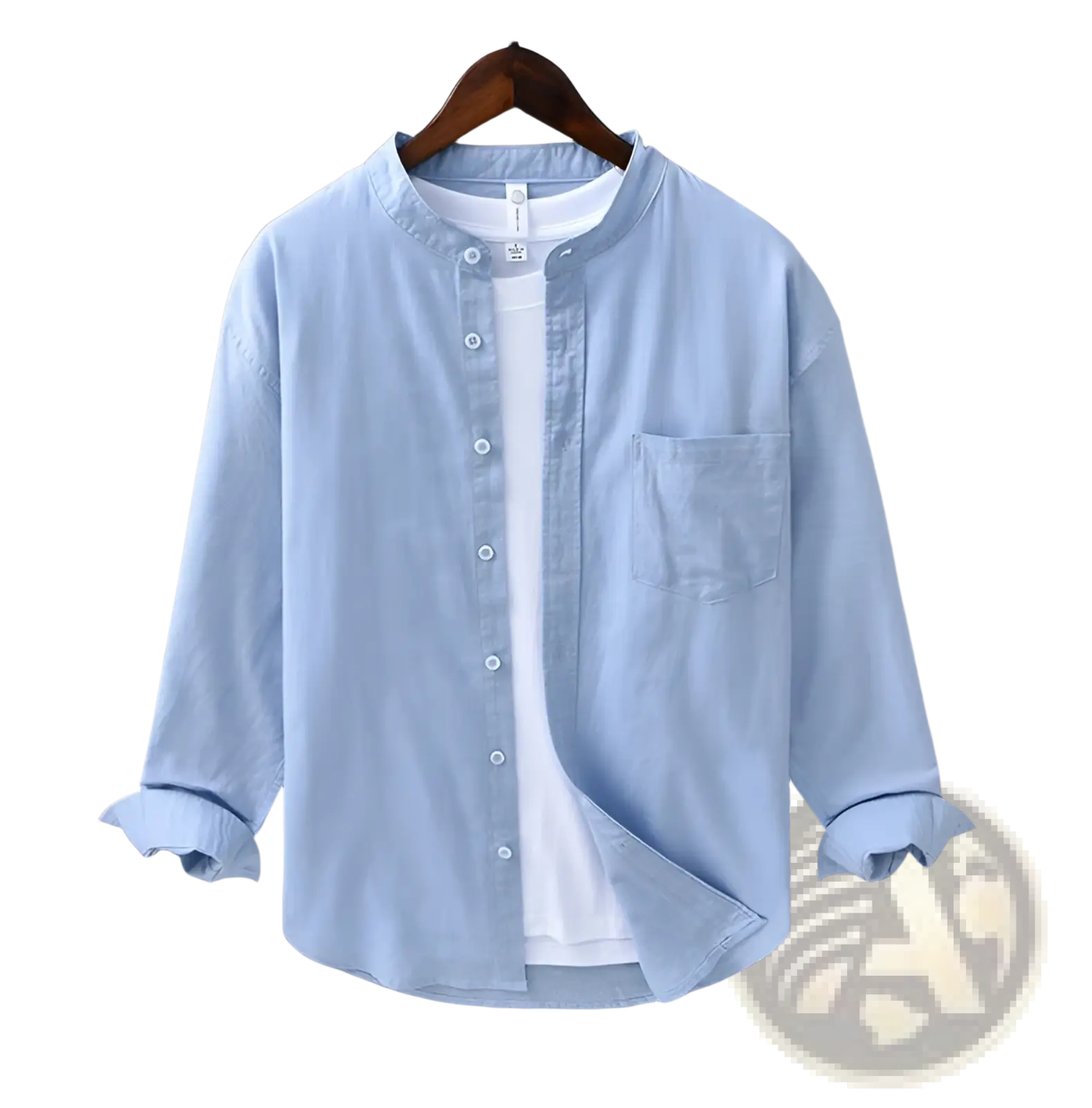Light blue Chinese style linen mandarin collar shirt for men with long sleeves and rolled cuffs