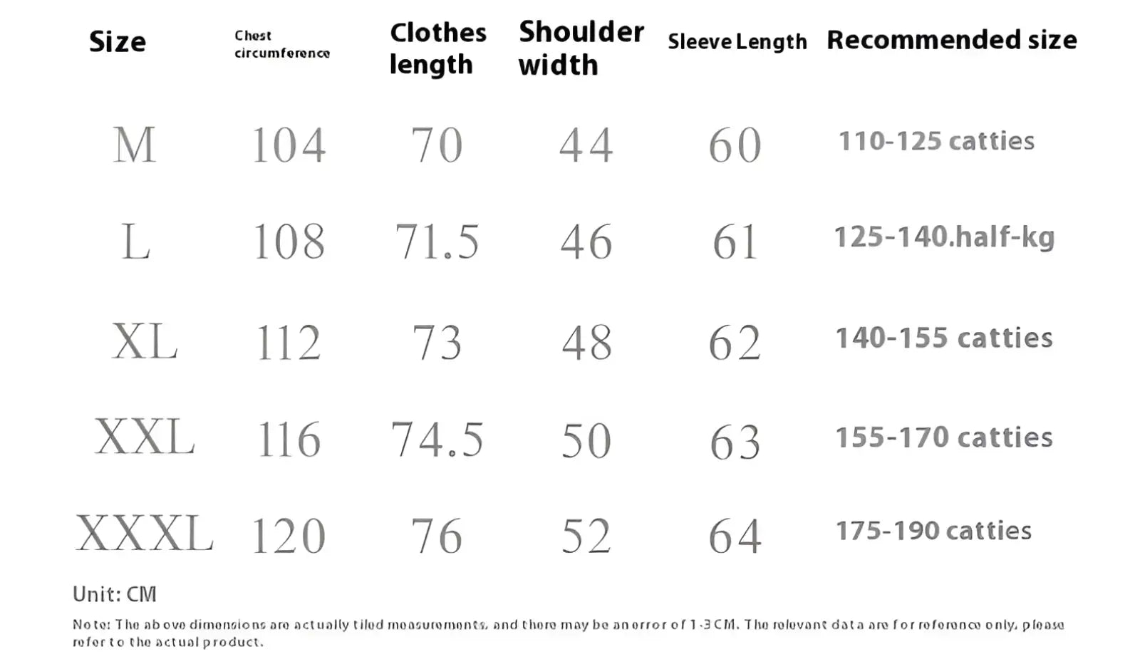 Size chart for Chinese style linen mandarin collar shirt men showing measurements in centimeters from M to XXXL with weight ranges