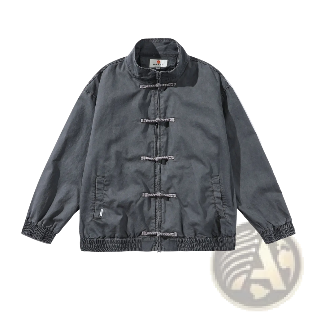 Dark gray Chinese style men’s retro jacket with traditional toggle closures and elastic cuffs made from durable fabric