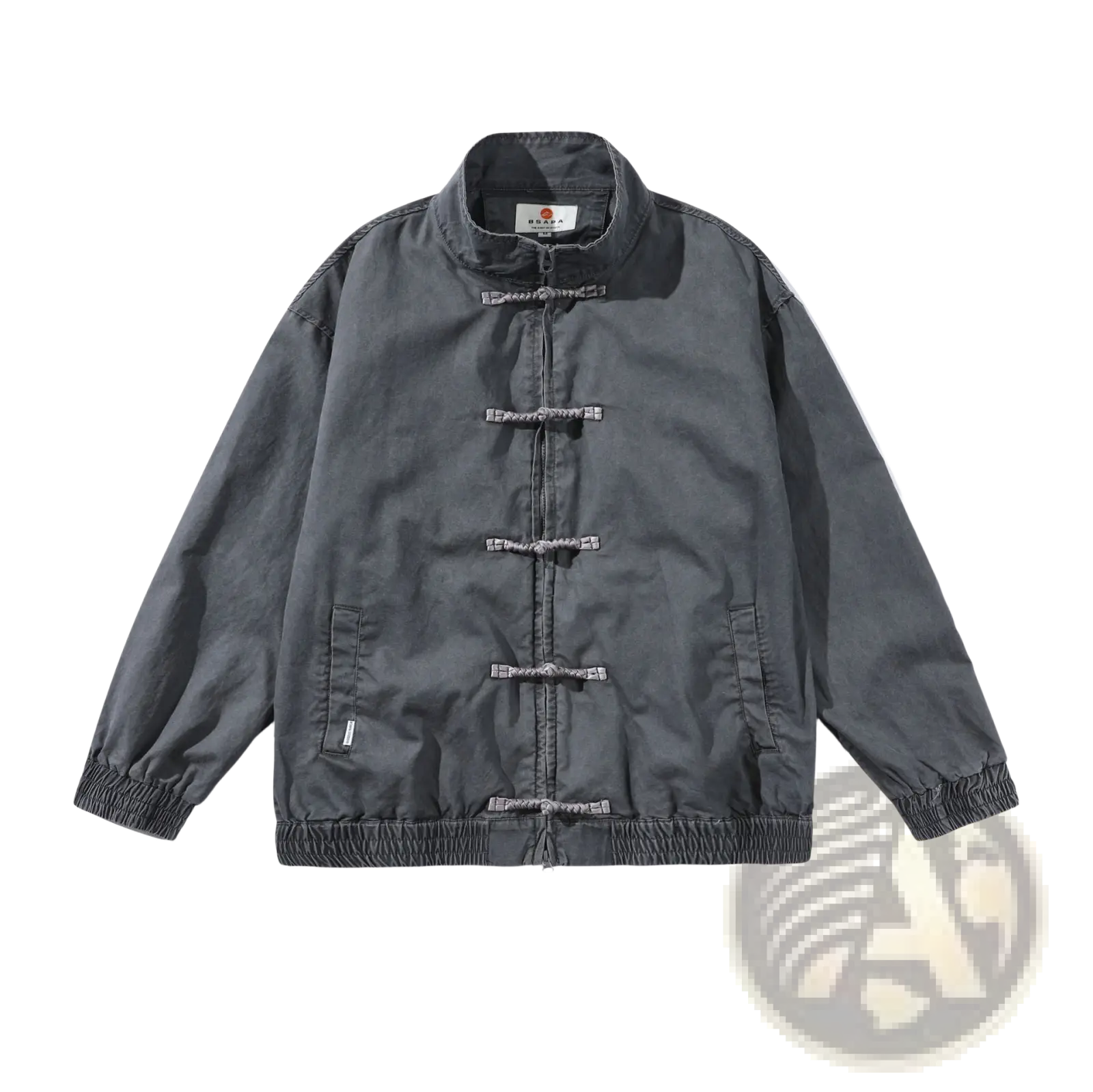 Dark gray Chinese style men’s retro jacket with traditional toggle closures and elastic cuffs made from durable fabric