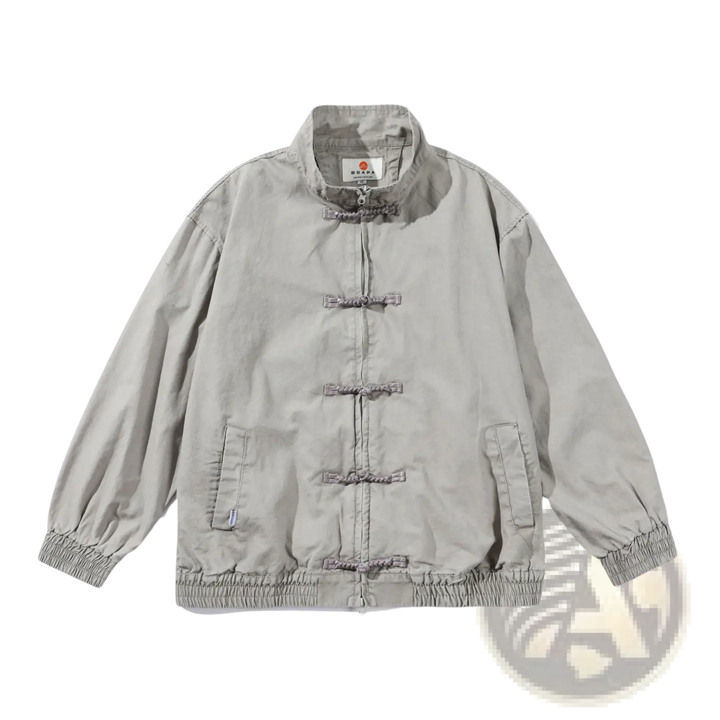Light gray Chinese style men’s retro jacket with long sleeves, traditional toggle closures, and elastic cuffs