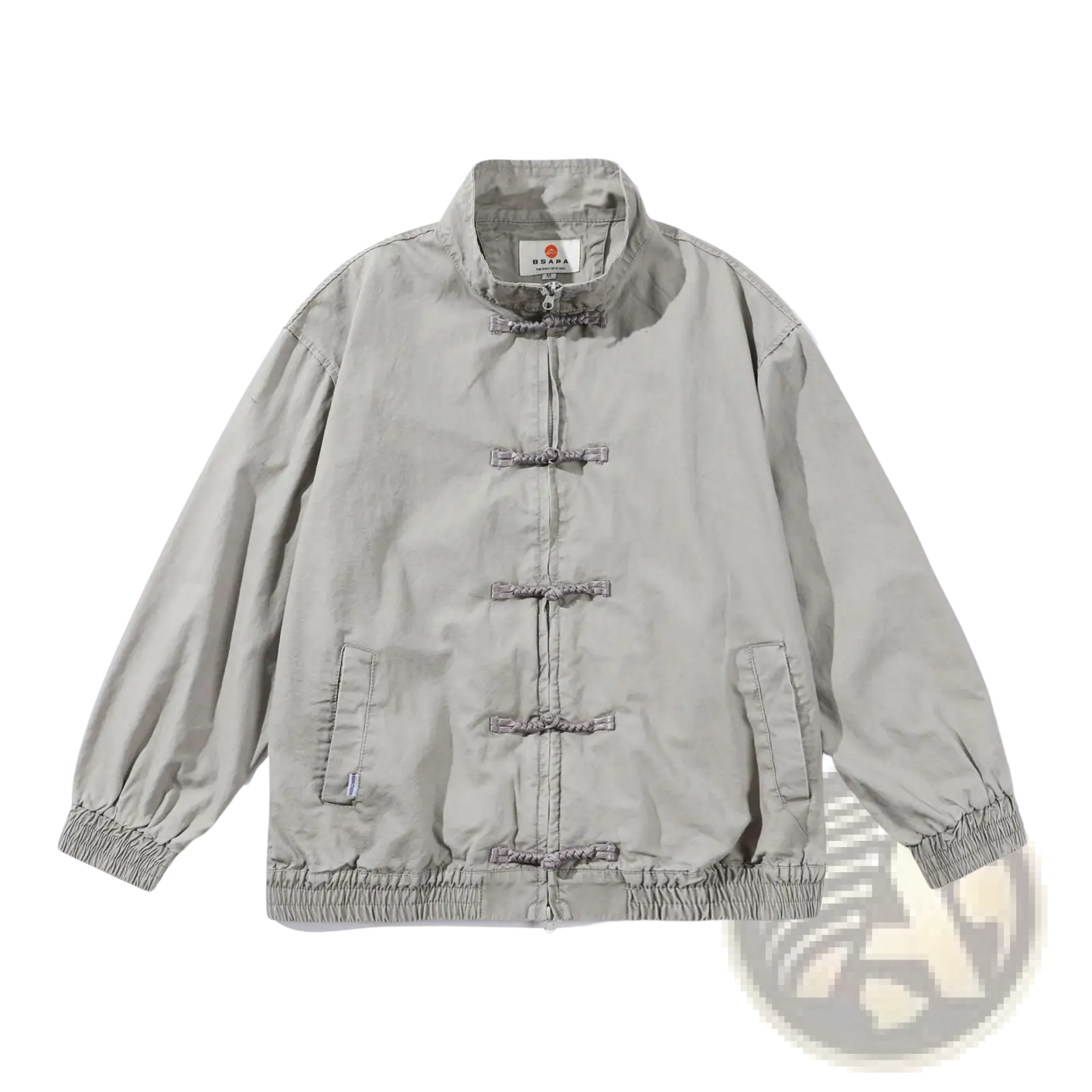 Light gray Chinese style men’s retro jacket with long sleeves, traditional toggle closures, and elastic cuffs