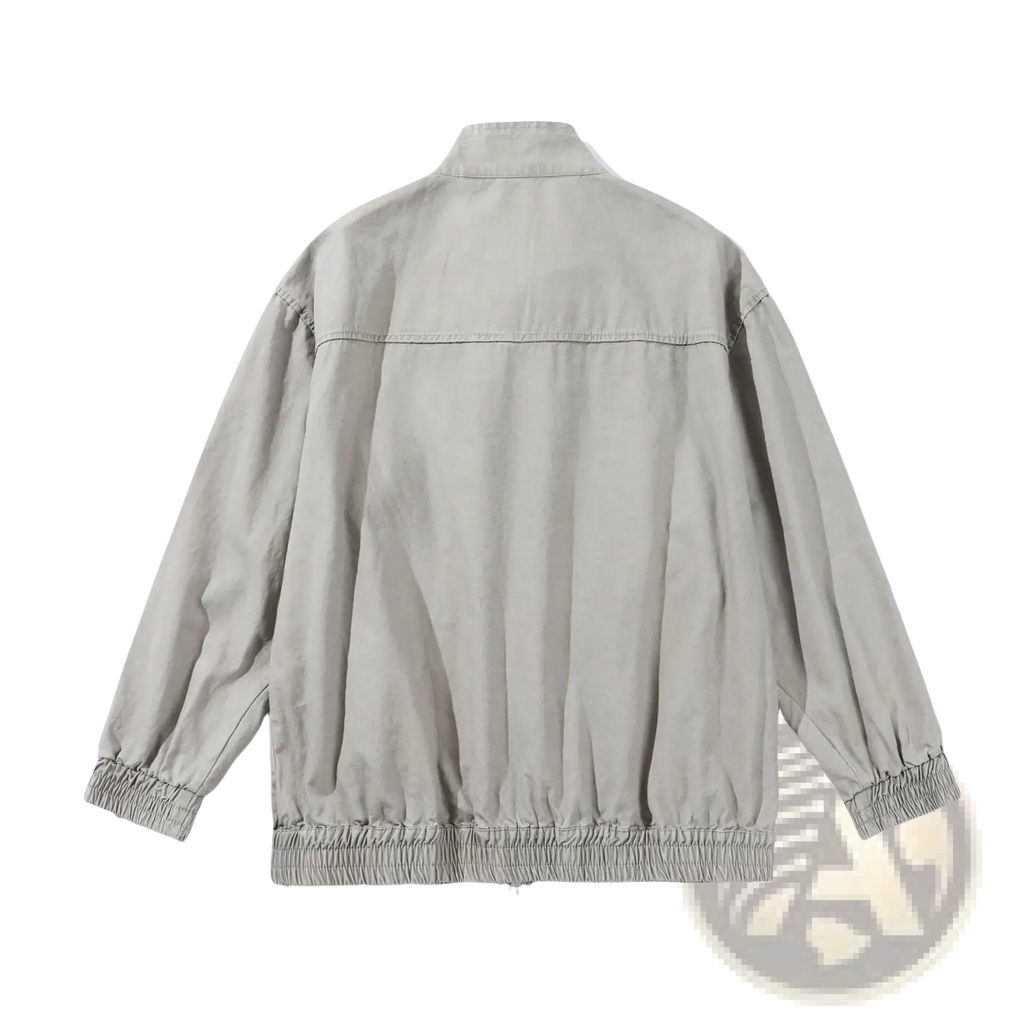 A light gray Chinese style men’s retro jacket with relaxed fit elastic cuffs and hem for casual wear