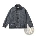 Dark gray chinese style men’s retro jacket with traditional toggle closures and elastic cuffs for casual wear