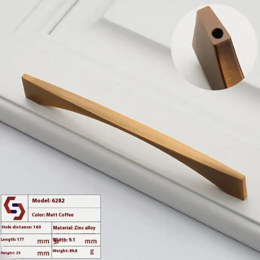 Minimalist brushed brass cabinet handle featuring a matte coffee finish zinc alloy drawer pull with tapered ends