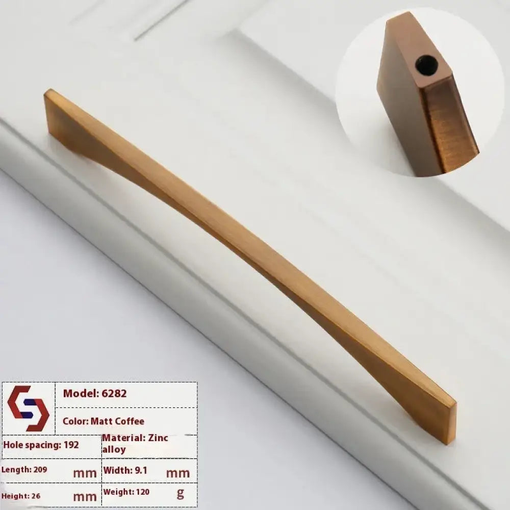 Matt coffee-colored zinc alloy drawer pull with sleek modern design and tapered rectangular profile for cabinets