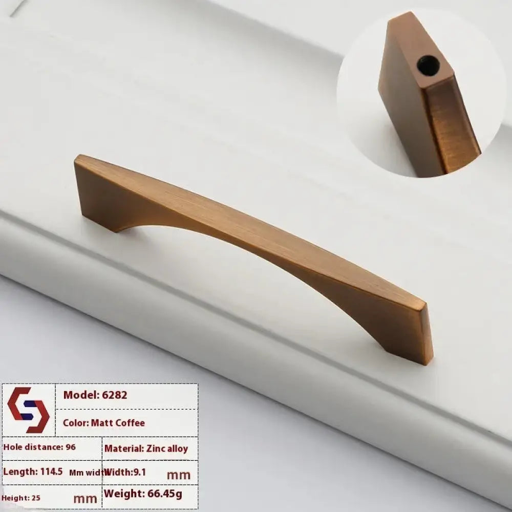 Matte coffee-finished zinc alloy drawer pull with a sleek modern curved design from minimalist brushed brass cabinet handle set