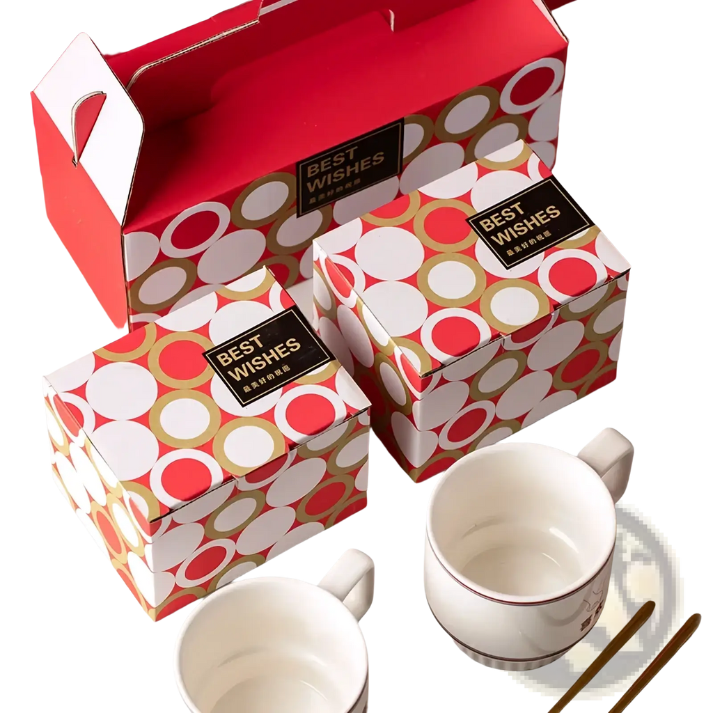 Red and white polka-dotted ceramic couple mugs gift set with gold best wishes labels for Chinese wedding presents