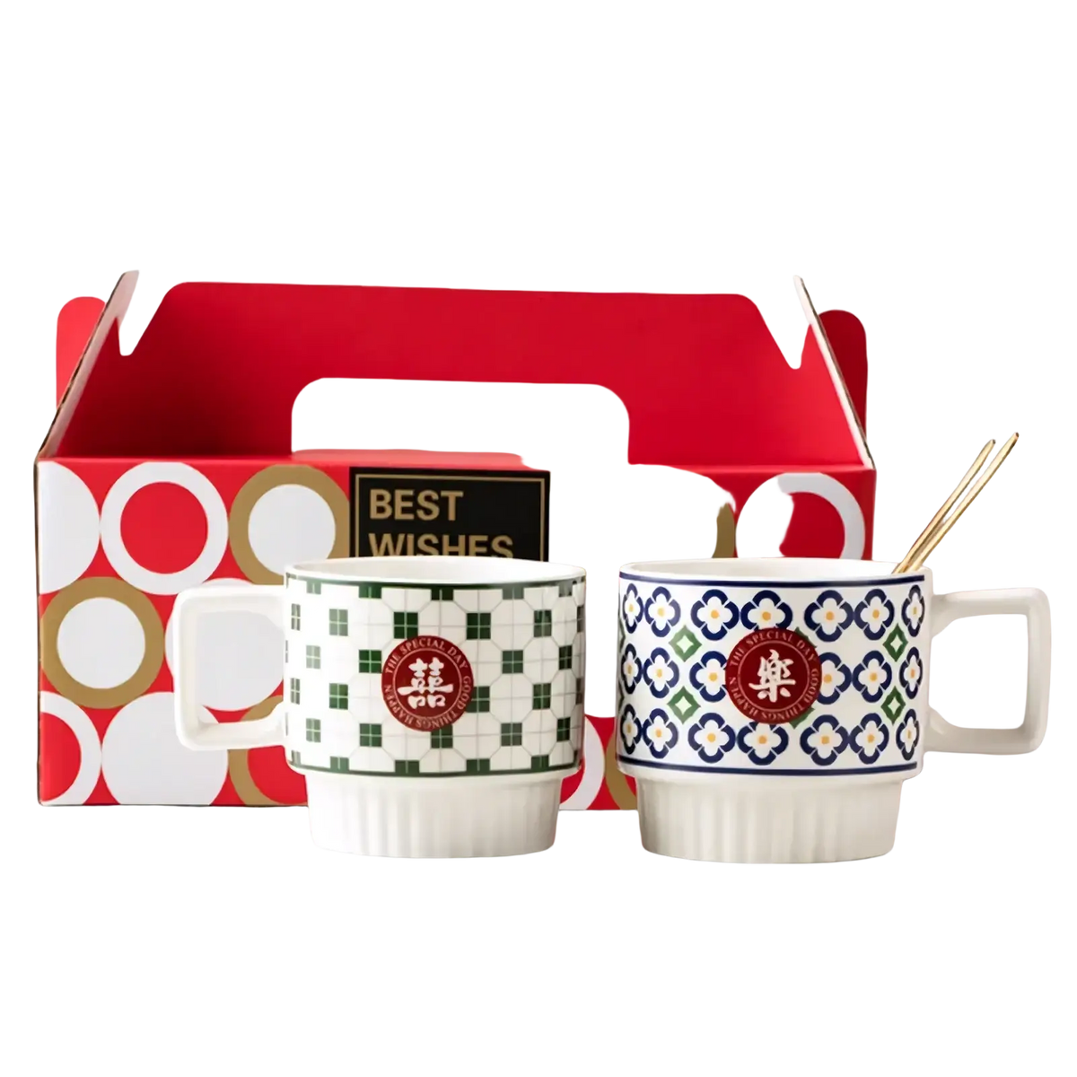 Chinese wedding ceramic couple mugs gift set with green checkered and blue floral patterns featuring red seals