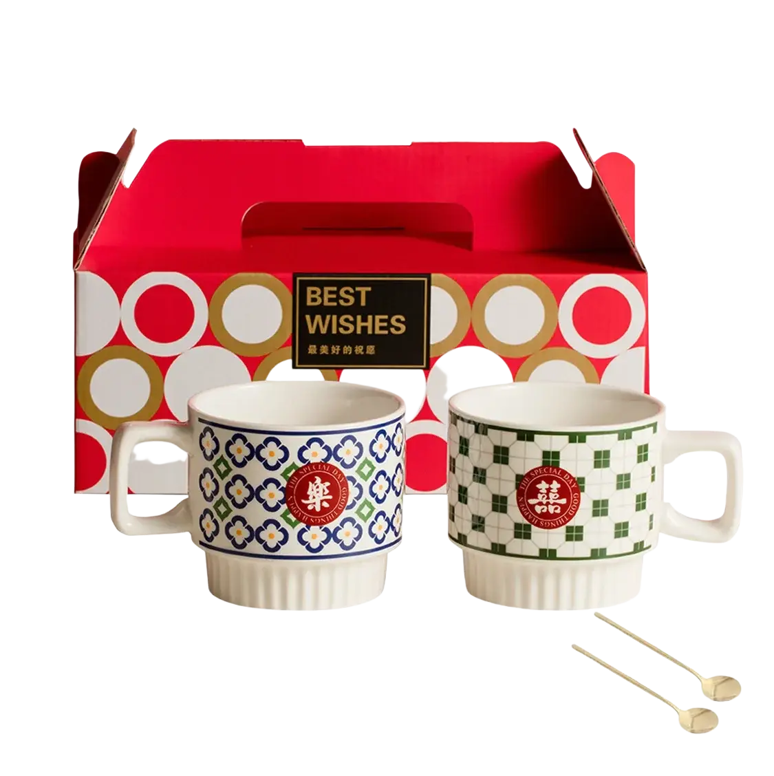 Chinese wedding ceramic couple mugs gift set with blue white floral and green white checkered patterns and red emblems