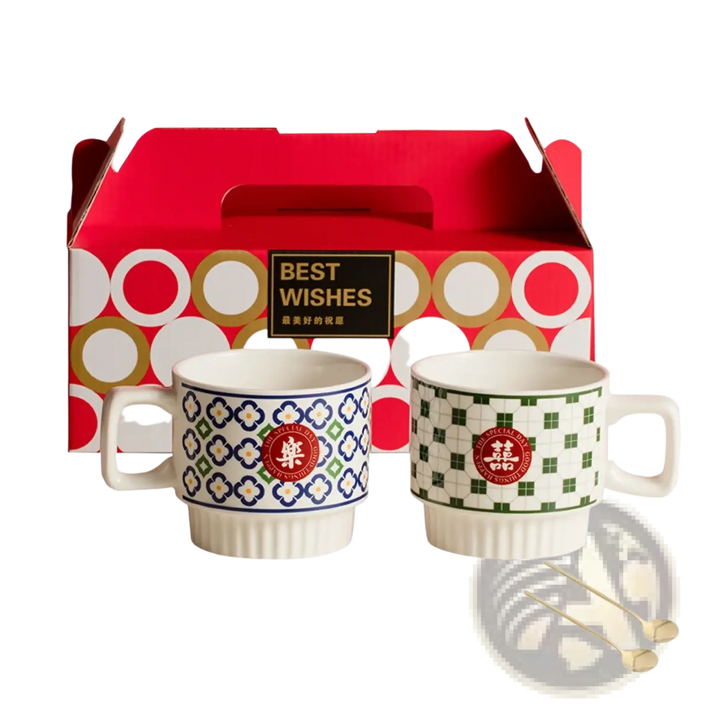 Chinese wedding ceramic couple mugs gift set with blue white floral and green white checkered patterns and red emblems