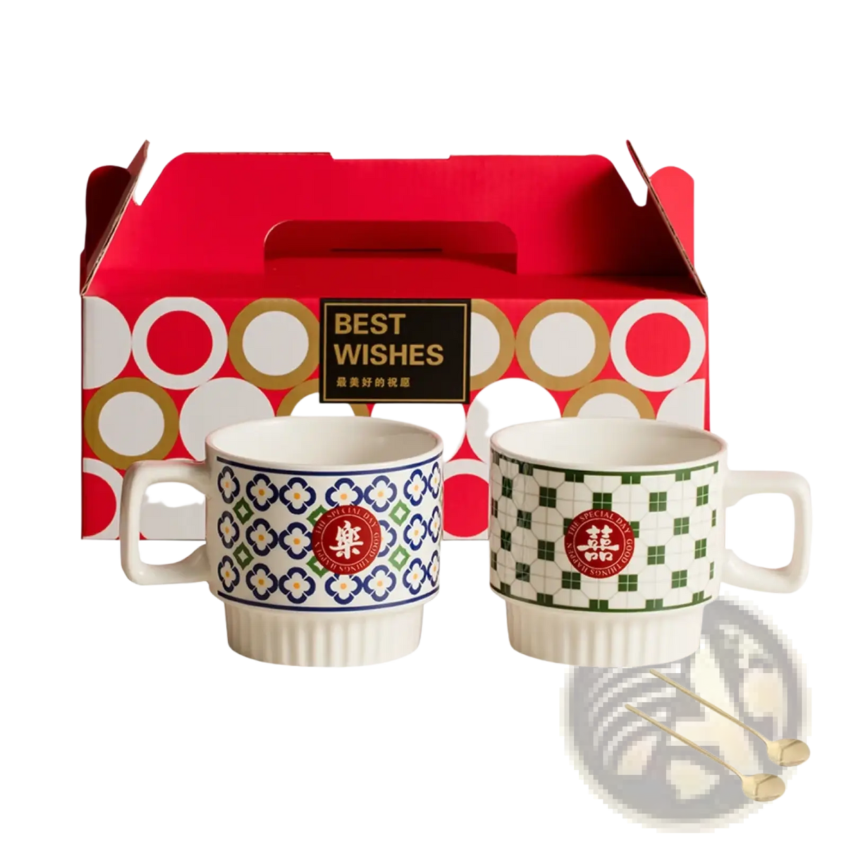 Chinese wedding ceramic couple mugs gift set with blue white floral and green white checkered patterns and red emblems