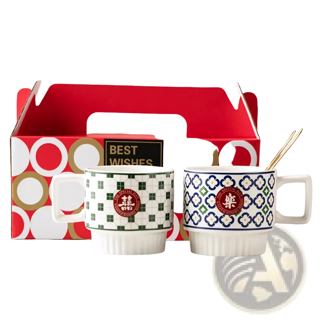 Chinese wedding ceramic couple mugs gift set with green checkered and blue floral patterns featuring red seals