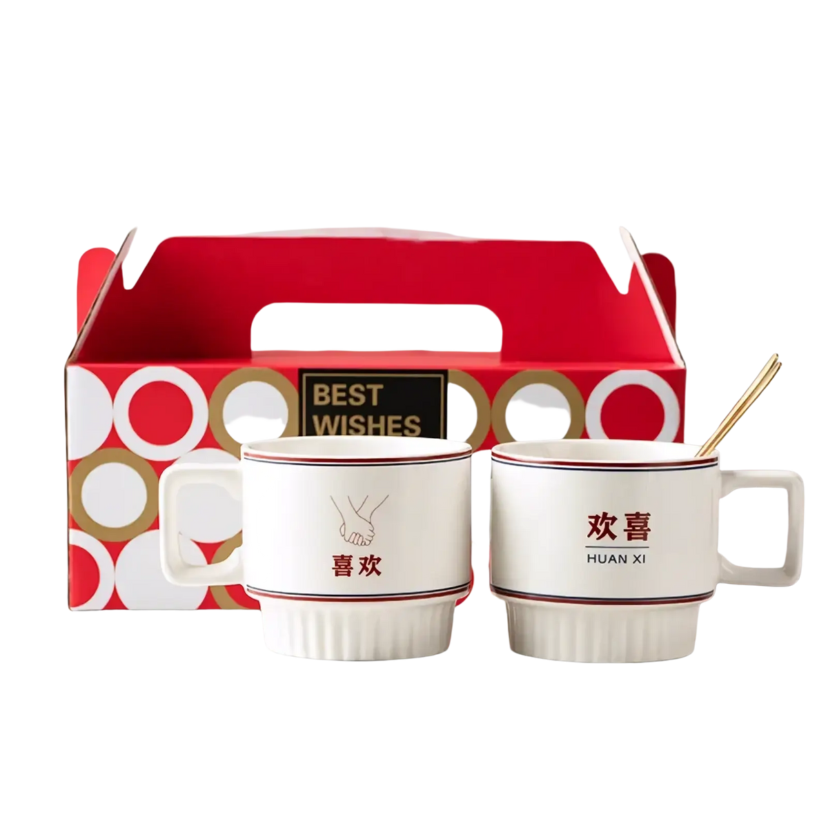 Chinese wedding ceramic couple mugs gift set with white mugs, red Chinese characters, thin red rims, and unique designs