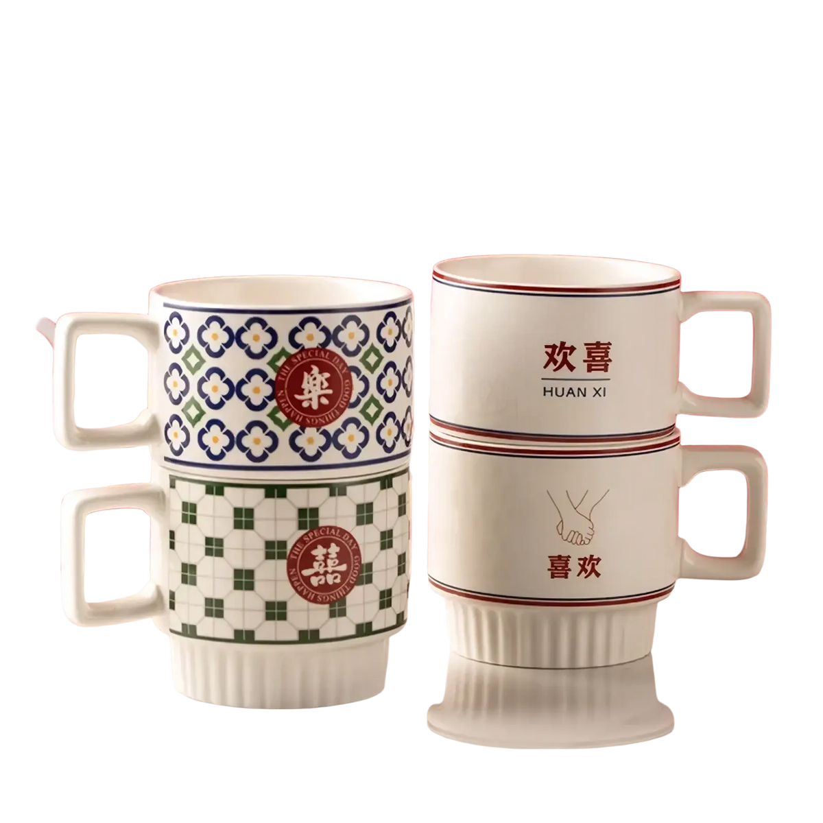 White ceramic mugs with decorative patterns and Chinese wedding-themed text in a couple mugs gift set