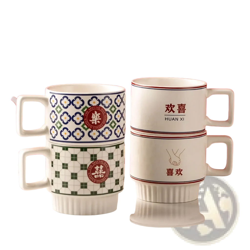 White ceramic mugs with decorative patterns and Chinese wedding-themed text in a couple mugs gift set