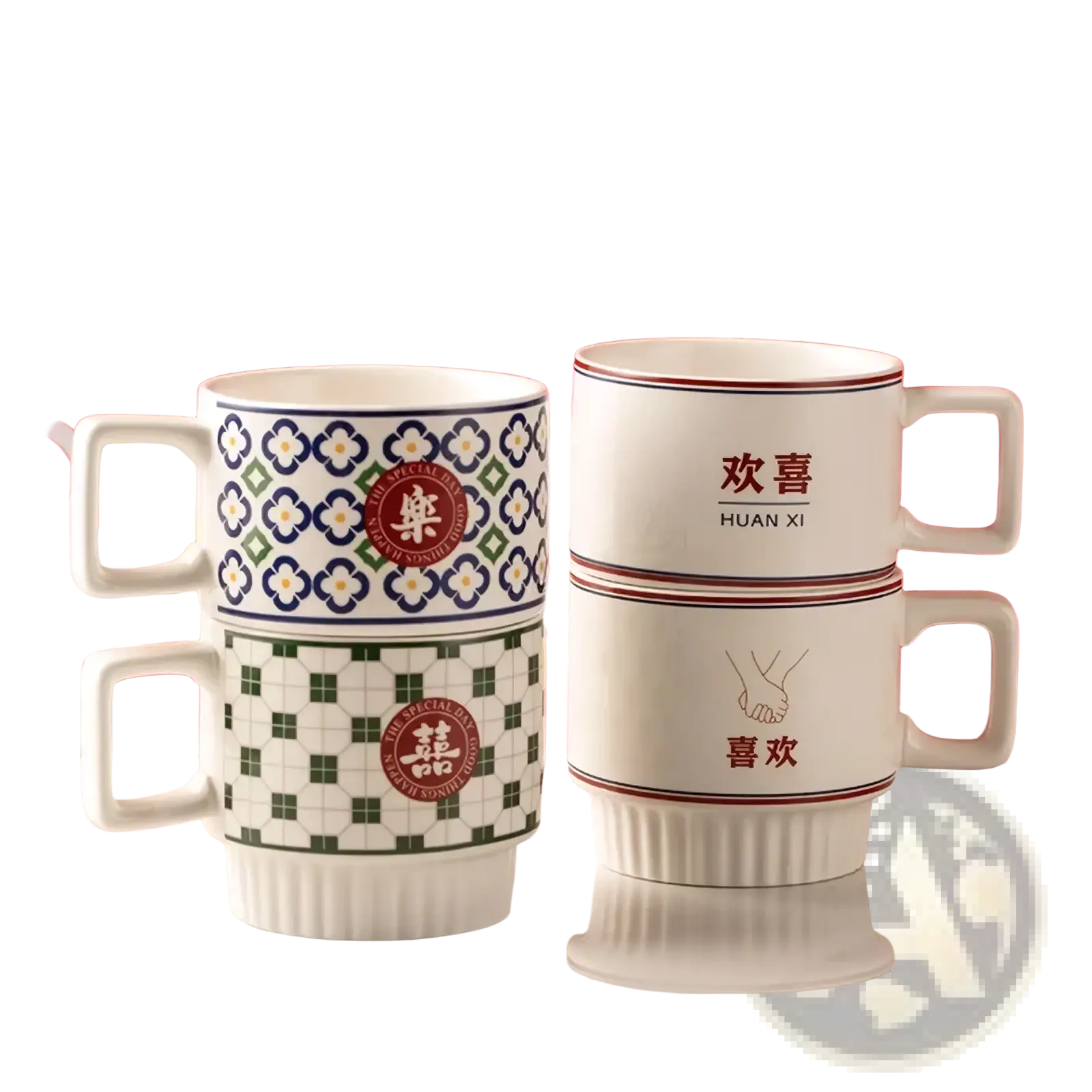 White ceramic mugs with decorative patterns and Chinese wedding-themed text in a couple mugs gift set