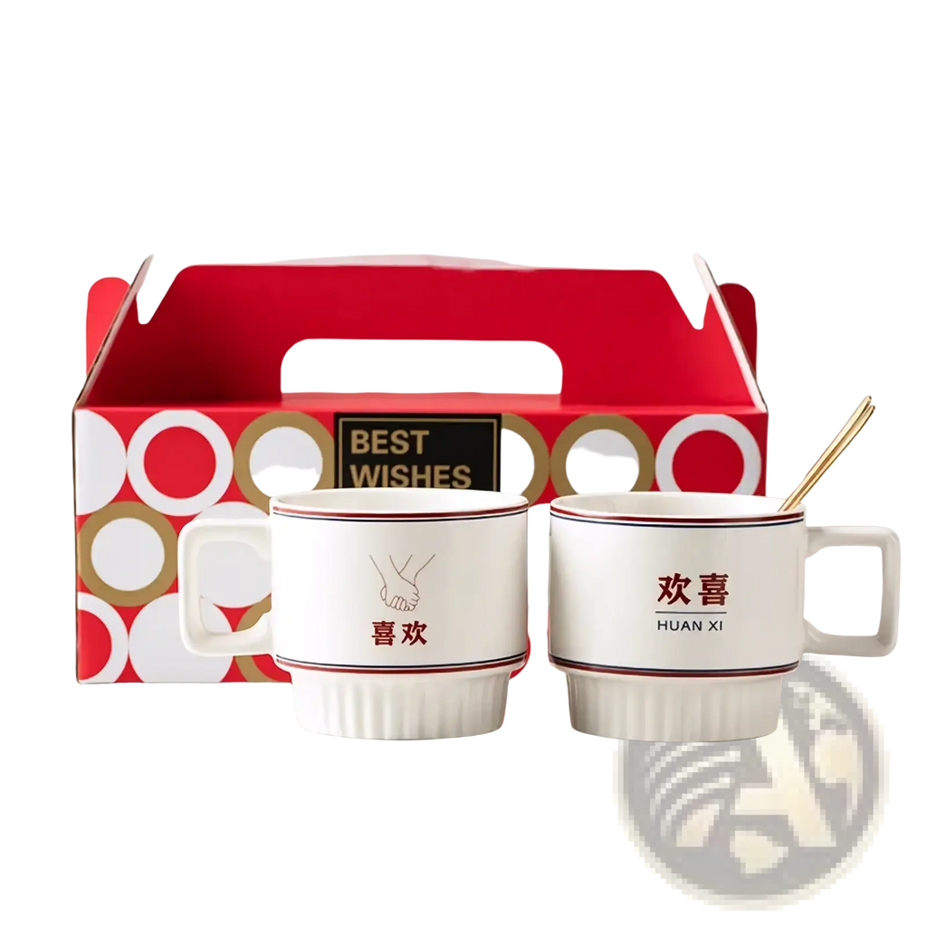 Chinese wedding ceramic couple mugs gift set with white mugs, red Chinese characters, thin red rims, and unique designs