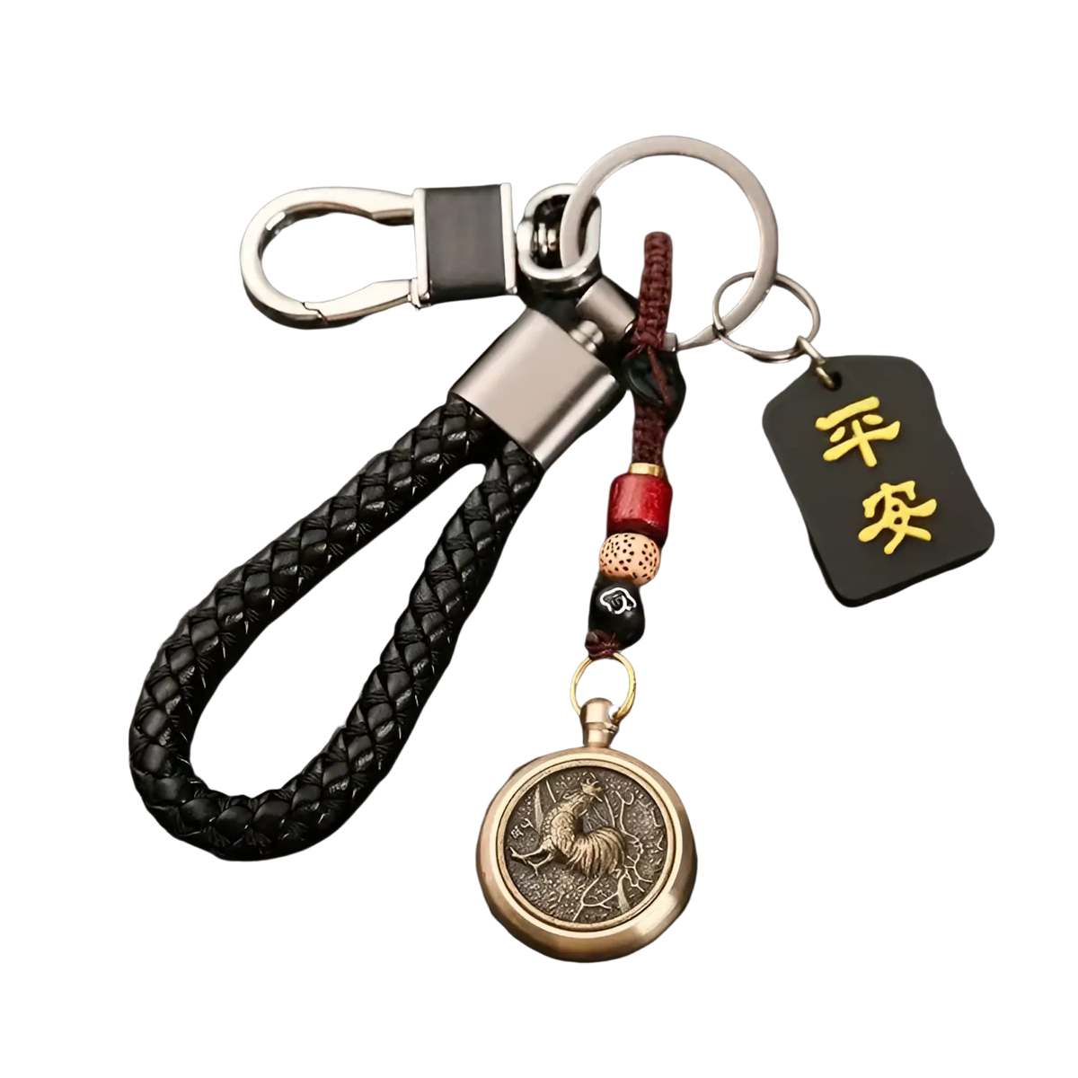 Black braided leather keychain with bronze rooster medallion red and black beads and gold chinese characters tag