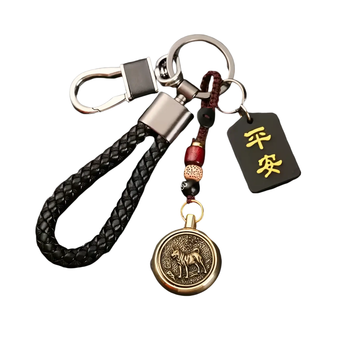Black braided leather keychain with bronze dog medallion red and black beads and engraved peace tag chinese zodiac lucky pendant