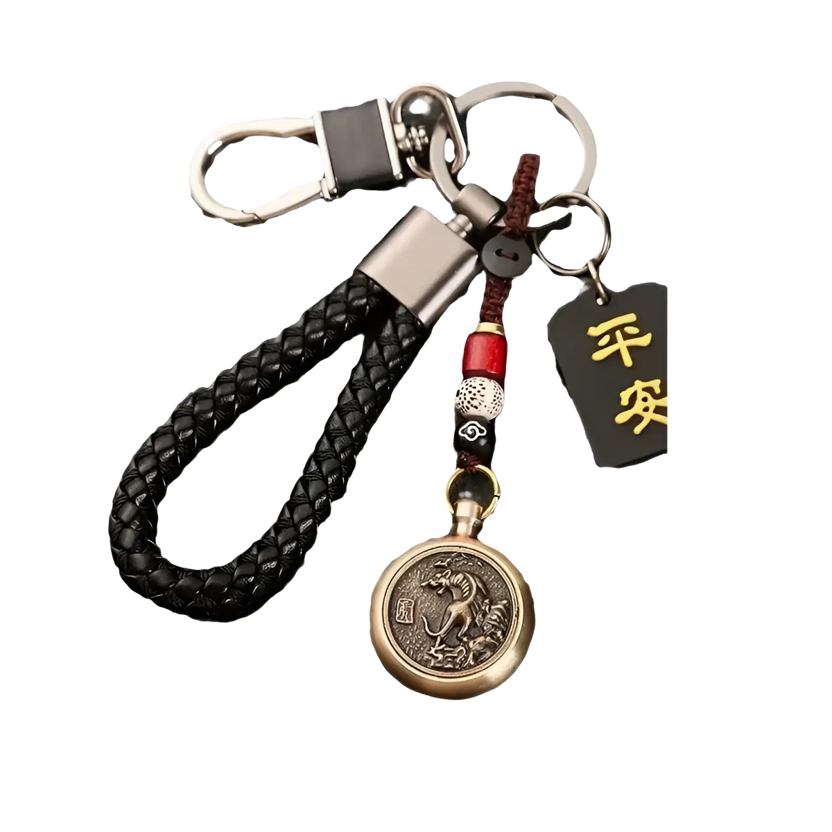 Chinese zodiac braided leather keychain in black with bronze dragon medallion and gold Chinese characters tag