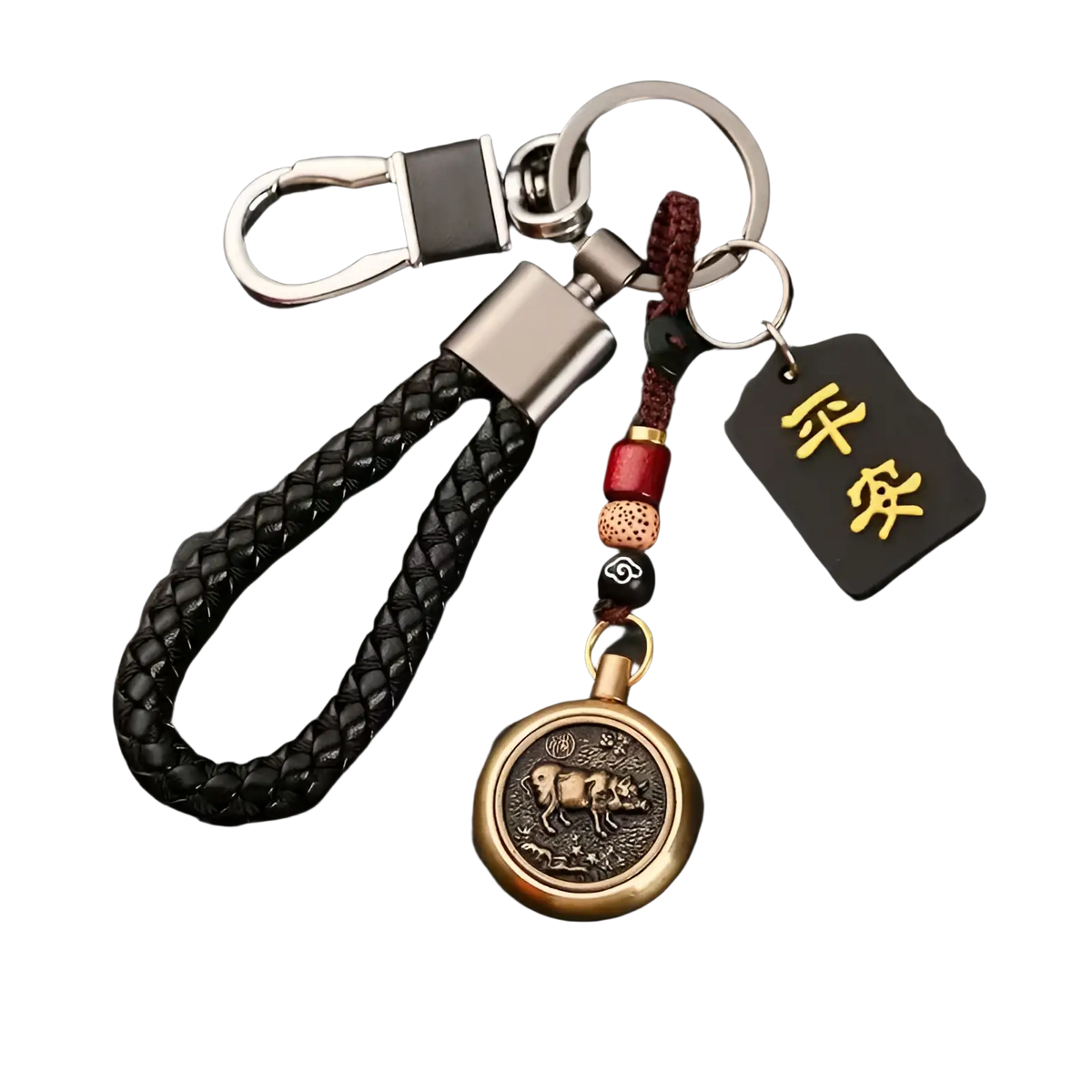 Black braided leather keychain with brass ox pendant red and black beads and gold chinese characters tag chinese zodiac design