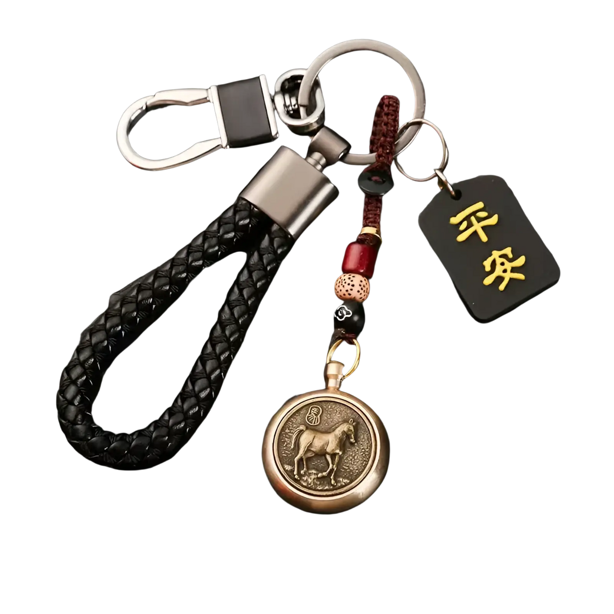 Black braided leather keychain with bronze horse medallion silver clasp red bead charms and gold engraved chinese tag