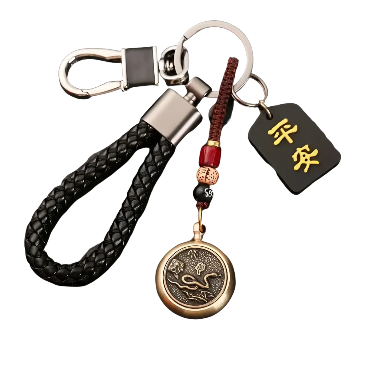 Black braided leather keychain with bronze snake pendant red and black beads lucky Chinese zodiac design