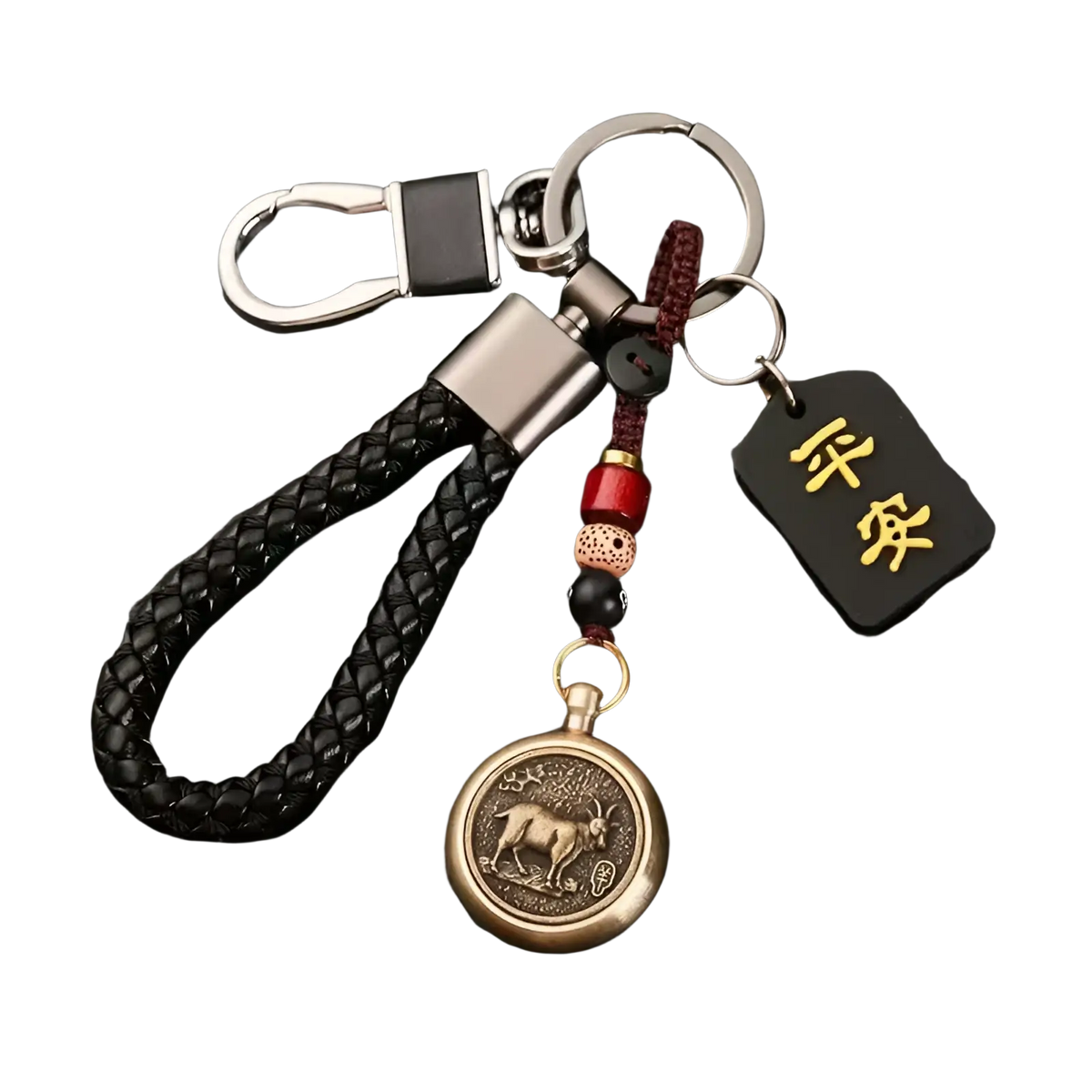 Black braided leather keychain with bronze goat pendant, red and black beads, and gold Chinese characters tag
