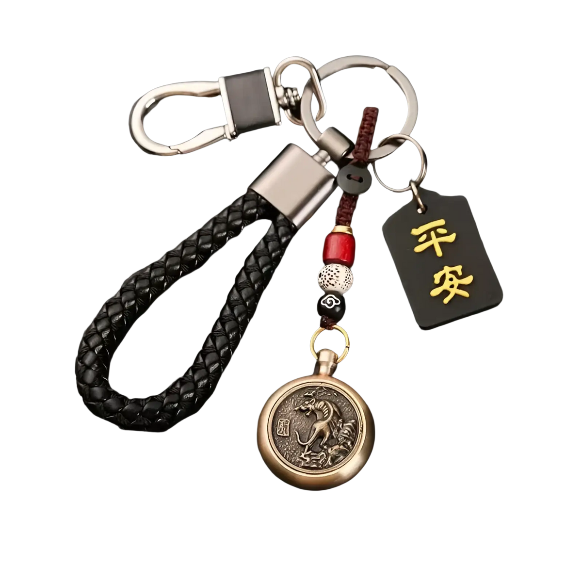 Black braided leather Chinese zodiac keychain with bronze dragon pendant red silver beads and gold Chinese characters tag