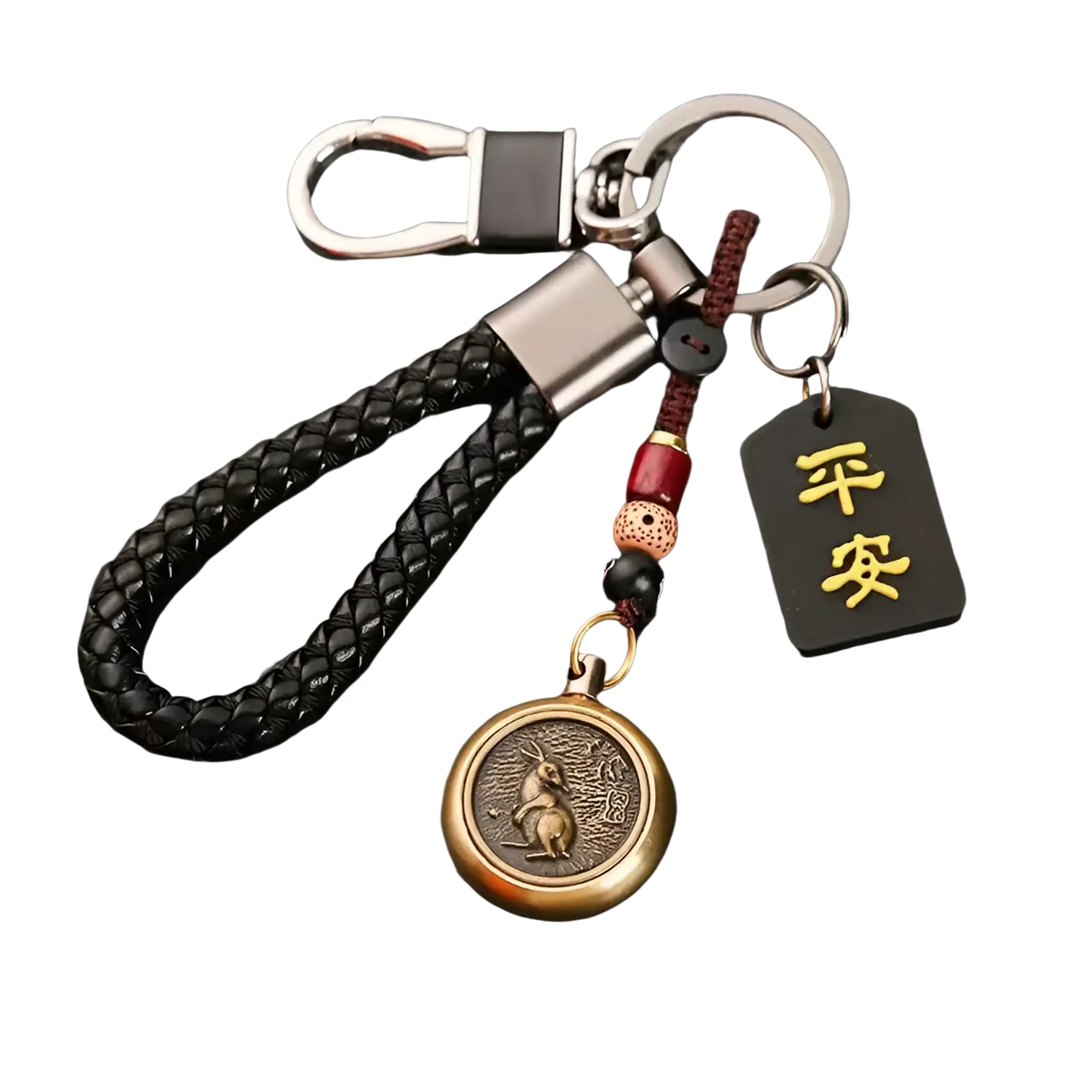 Black braided leather keychain with bronze rabbit medallion and engraved 平安 tag from Chinese Zodiac Lucky Pendant