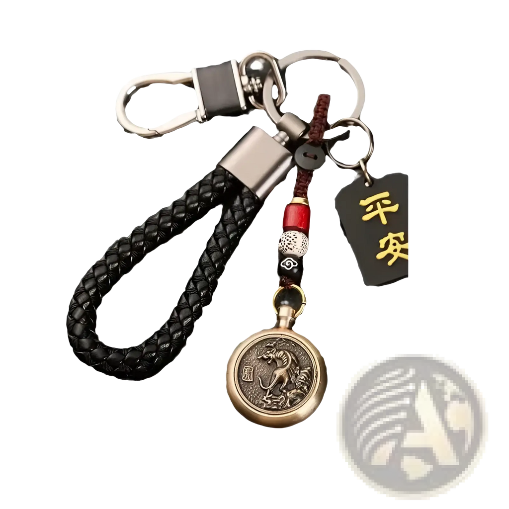 Chinese zodiac braided leather keychain in black with bronze dragon medallion and gold Chinese characters tag