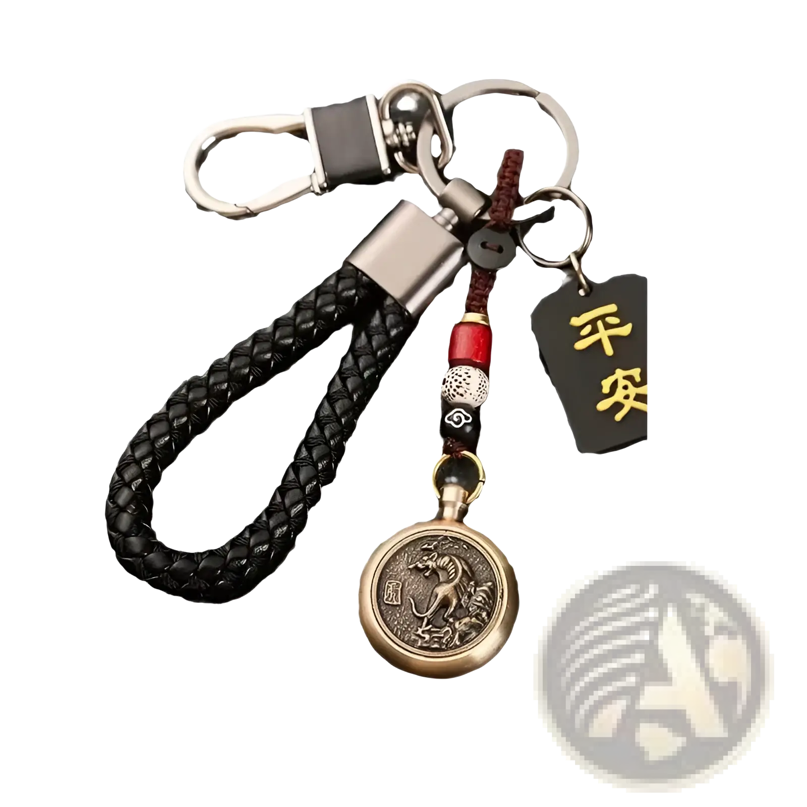 Chinese zodiac braided leather keychain in black with bronze dragon medallion and gold Chinese characters tag