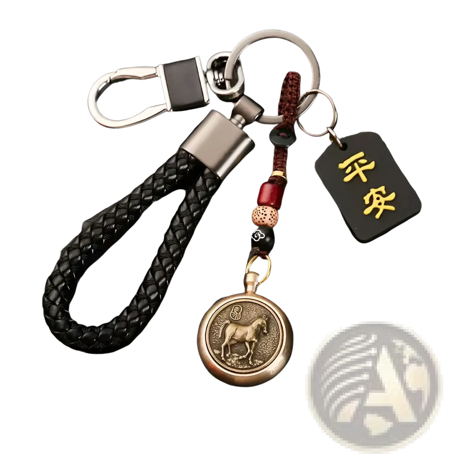 Black braided leather keychain with bronze horse medallion silver clasp red bead charms and gold engraved chinese tag