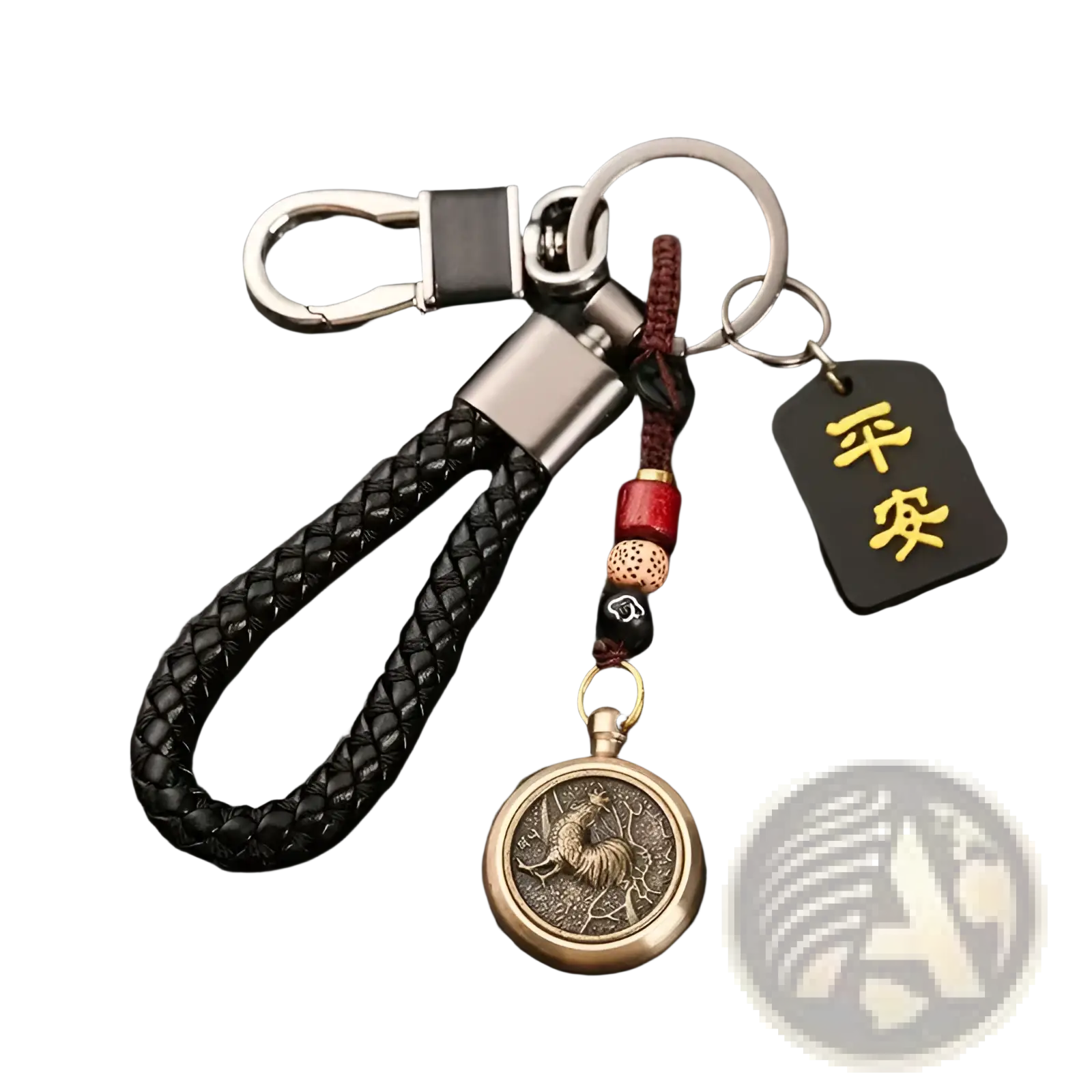 Black braided leather keychain with bronze rooster medallion red and black beads and gold chinese characters tag